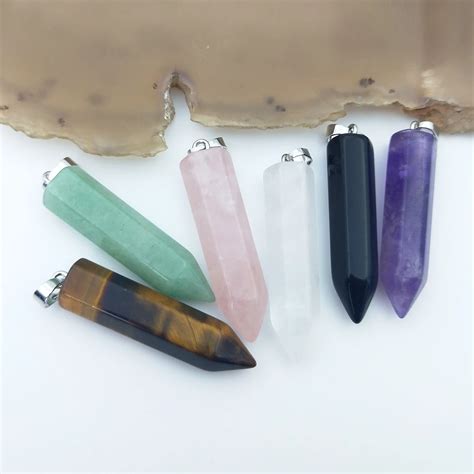 Hexagonal Bullet Shape Natural Stone Pendant Necklace Amulet Amethyst