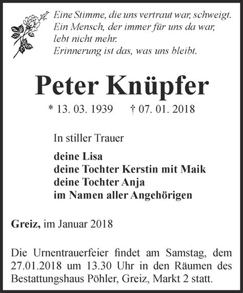 Traueranzeigen Von Peter Kn Pfer Trauer In Thueringen De