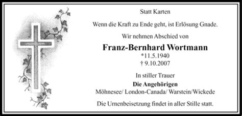 Traueranzeigen Von Franz Bernhard Wortmann Trauer In Nrw De