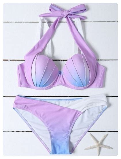 Mermaid Shell Ombre Color Halter Bikini Blue Purple Shell Bikini