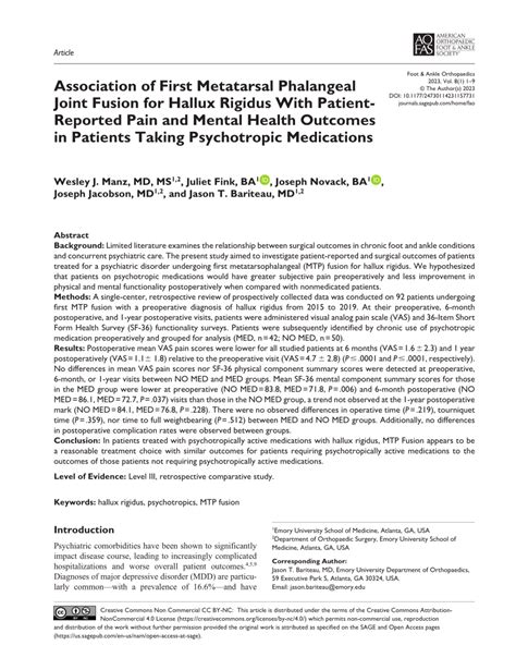 (PDF) Association of First Metatarsal Phalangeal Joint Fusion for Hallux Rigidus With Patient ...