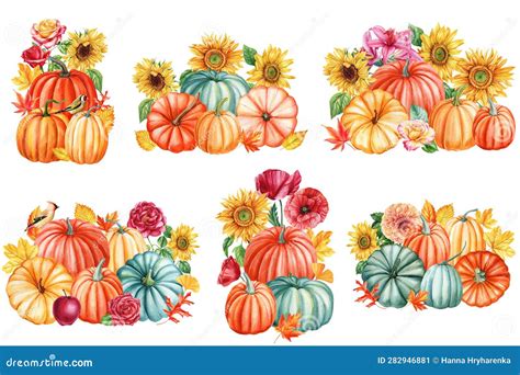 Set Of Autumn Pumpkins Flowers And Leaves Painted By Hand In