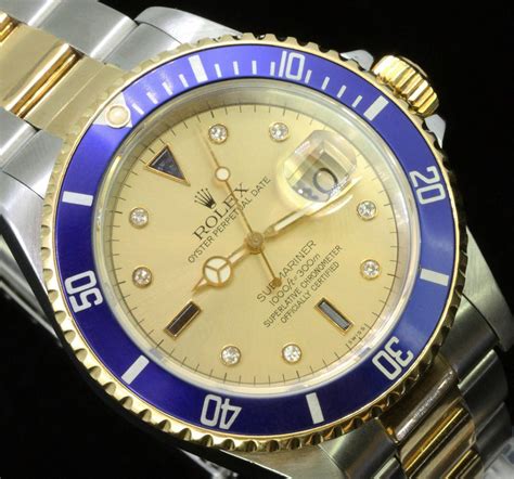 Rolex Submariner Mens Stainless 18K Gold Watch Oyster Diamond Serti ...