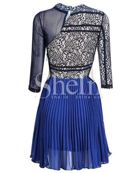 Blue Long Sleeve Lace Pleated Dress Sheinsheinside