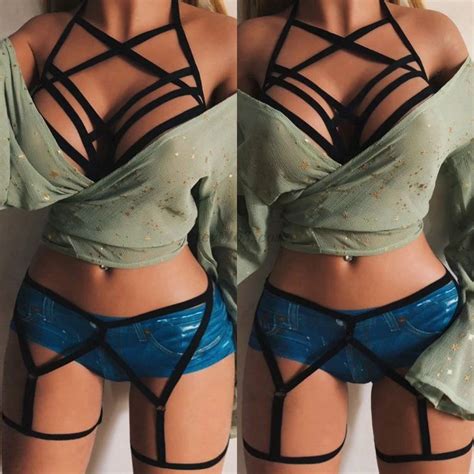 Women Elastic Body Harness Lingerie Set Erotic Caged Cross Bandage Cupless Bra Hollow Out