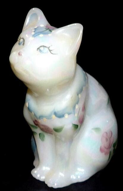 Fenton Art Glass Iridescent Satin Cat Figurine Hand Painted Susan