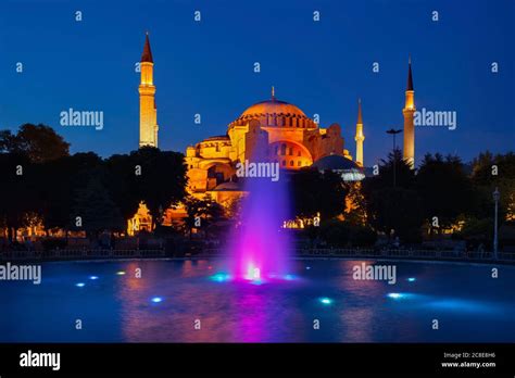 Turkey Istanbul Fountain In Sultan Ahmet Park At Night With Hagia