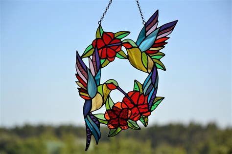 Stained Glass Suncatcher Hummingbirds And Flowers Wreath Leaded Glass