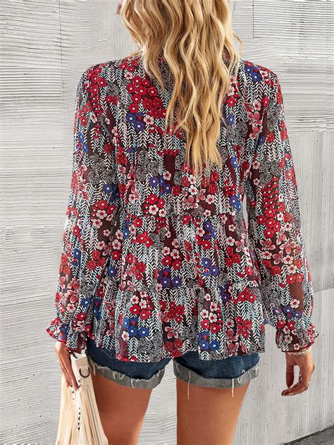 Shein Lune Allover Floral Print Flare Sleeve Peplum Blouse Shein Uk