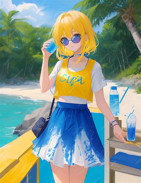 Premium Ai Image Portrait Of Anime Girl Sunglasses Wearing Yellow Summer Clothes At The Beach 01