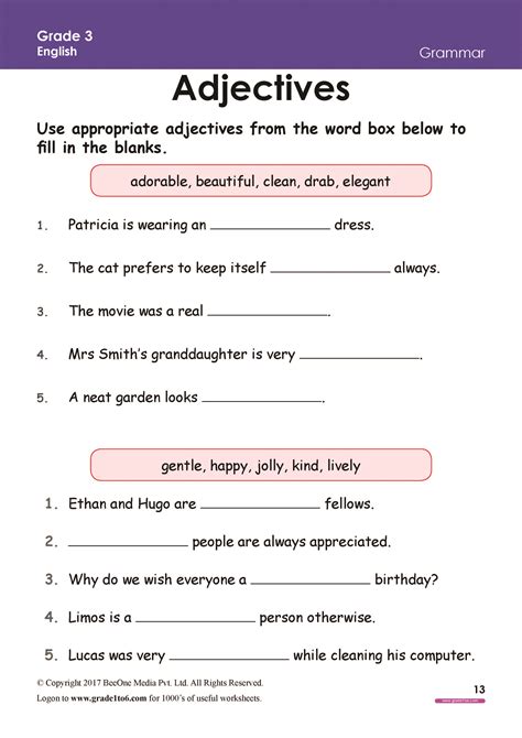 Adjectives Worksheet Grade 3 Third Grade Grammar Worksheets Worksheets For