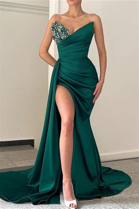 Oknass Classic Emerald Green V Neck Mermaid Prom Dress With Long Split