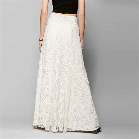 Fashion High Waist White Long Lace Skirts Hollow Out Lace A Line Maxi