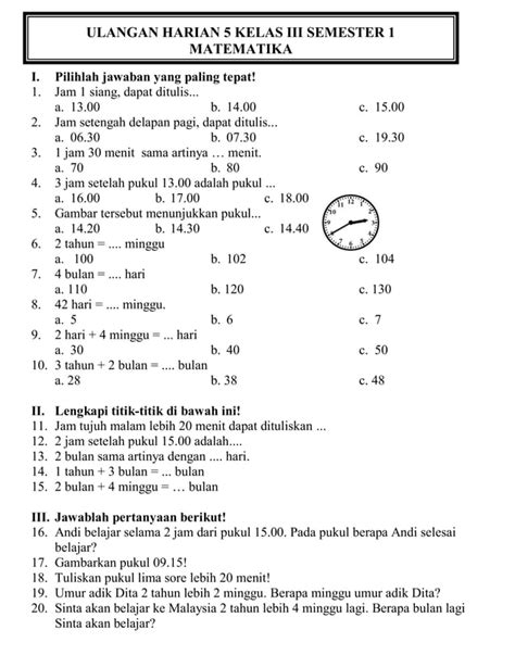 Ulangan Harian 5 Kelas III Semester 1 KTSP PDF