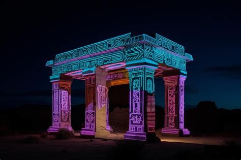 Premium AI Image | A colorful arch is lit up at night.