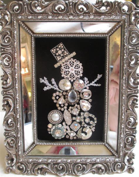 Jeweled Framed Jewelry Snowman Vintage Silver Rhinestones Black Velvet