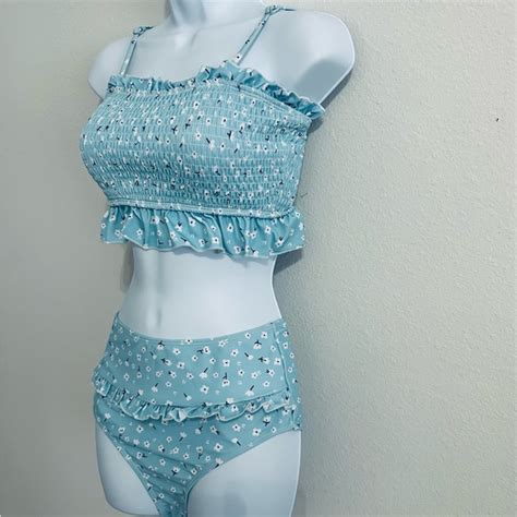 MOOSLOVER Swim Womens Shirred Bandeau Top High Waisted Bottom 2piece Swimsuit Bikini S