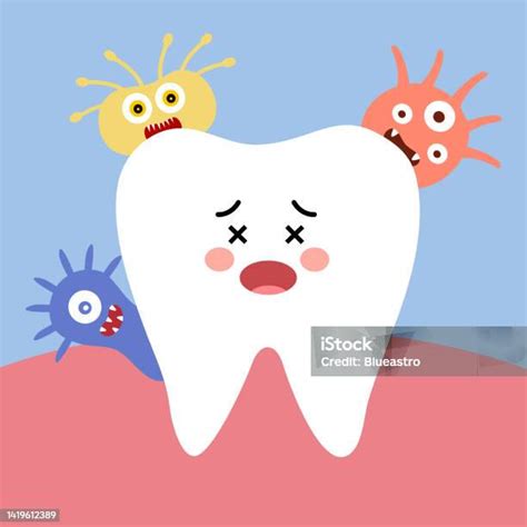 Ilustración De Diente De Caries Con Dibujos Animados De Bacterias En Diseño Plano Problema De