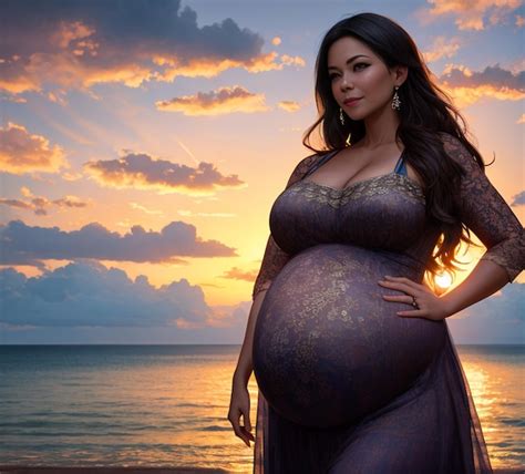 Premium Photo A Pregnant Woman Stands On A Beach In Front Of A Sunset