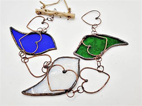 Stained Glass Hanging Birds Blue Green And White Hello Indigo Halo