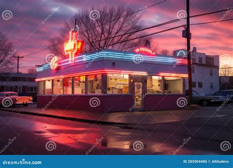 Classic 50s Diner Exterior with Neon Lights and Signage Stock ...