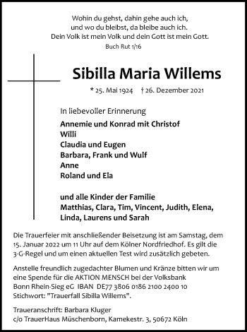 Traueranzeigen Von Sibilla Maria Willems Wirtrauern