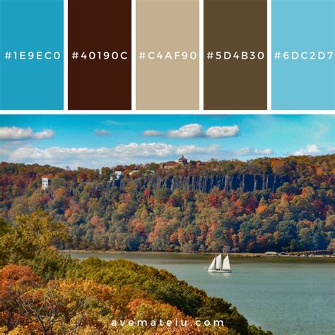 Hudson River Palisades And Sailboat In Autumn Color Palette 340 Ave