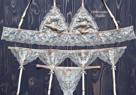 Beige Garter Belt Lingerie Set Sexy Lingerie Beige Boudoir Etsy