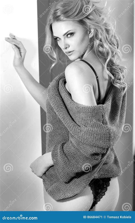 Blonde Women In Black Lingerie And Sweater Stock Image Image Of