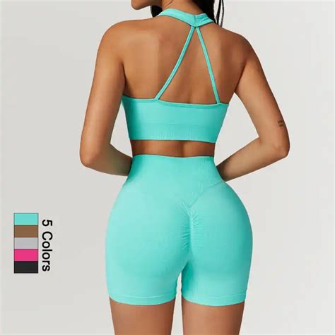 New Arrival Women Rib Seamless Sports Workout Wear Sexy Backless Bra High Waist Shorts Scrunch