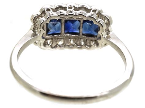 Art Deco 18ct White Gold Sapphire Diamond Rectangular Ring 61 J