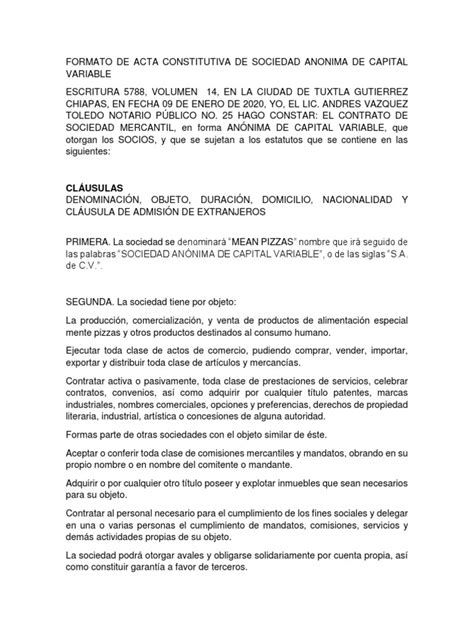 Formato De Acta Constitutiva De Sociedad Anonima De Capital Variable Sociedad De