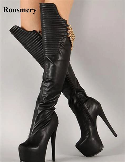 Sexy Design Women Fashion Round Toe Black Gold Chain Design Knee High