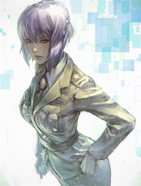 Kusanagi Motoko Ghost In The Shell Women Purple Hair Looking At Viewer Tie Military Uniform Fan ...