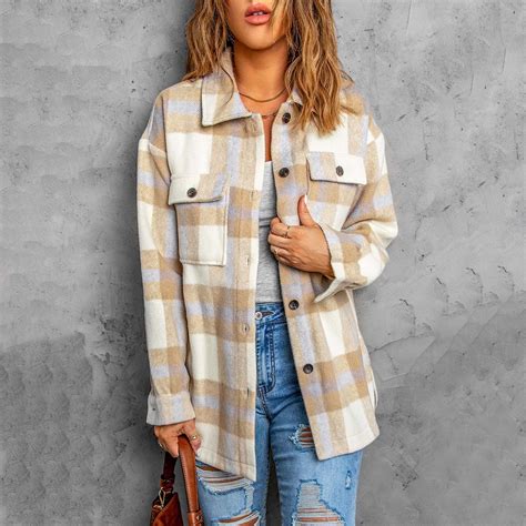 Yuwull Women S Flannel Plaid Shacket Long Sleeve Button Down Shirts Jacket Coats With Side