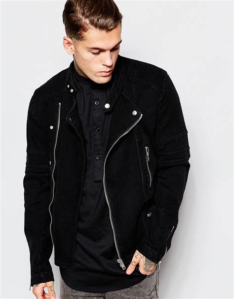 Asos Denim Biker Jacket In Black Wash For Men Lyst