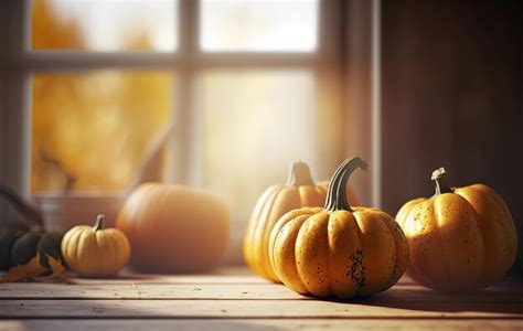 Premium AI Image Pumpkins On Wooden Table Generative AI