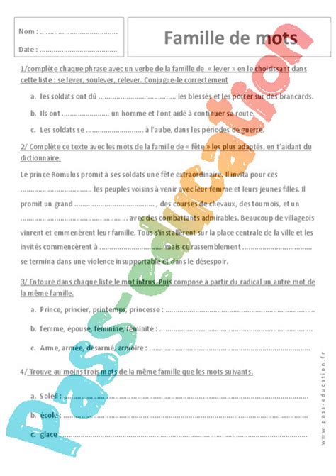 Exercice Familles de mots 6ème Cycle 3 Pass Education