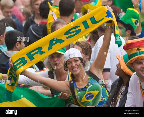 Brazilian football fans in good mood at a public viewing event before ...