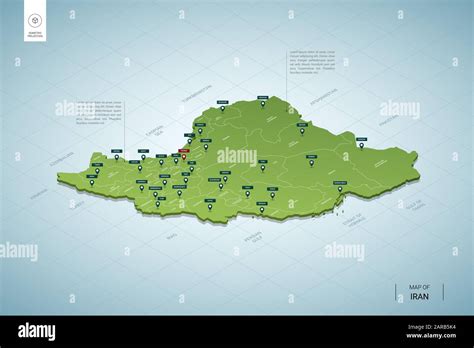 Stylized Map Of Iran Isometric 3D Green Map With Cities Borders