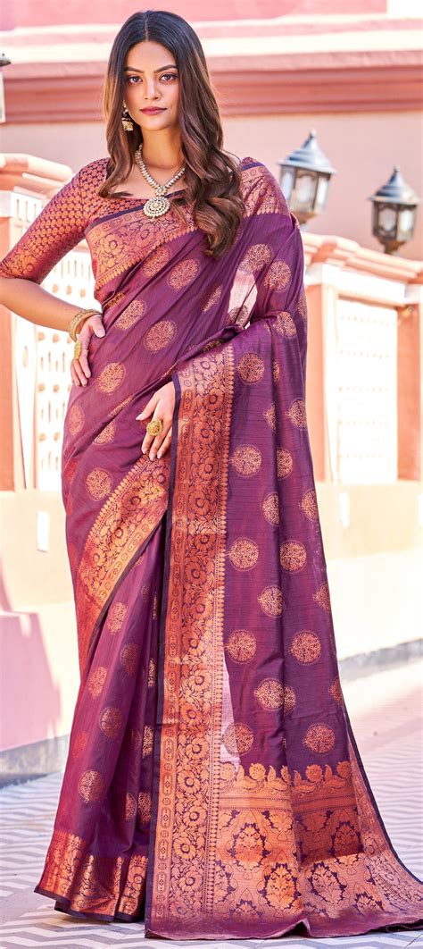 Festive Reception Traditional Purple And Violet Color Silk Cotton