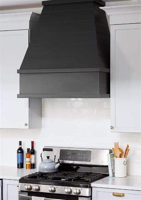 Black Shiplap Range Hood With Steel Gray Kitchen Cabinets