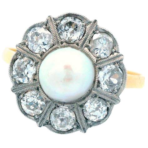 1910 Edwardian 18k Yellow Gold Ov Platinum Natural Pearl And Diamond Ring For Sale At 1stdibs