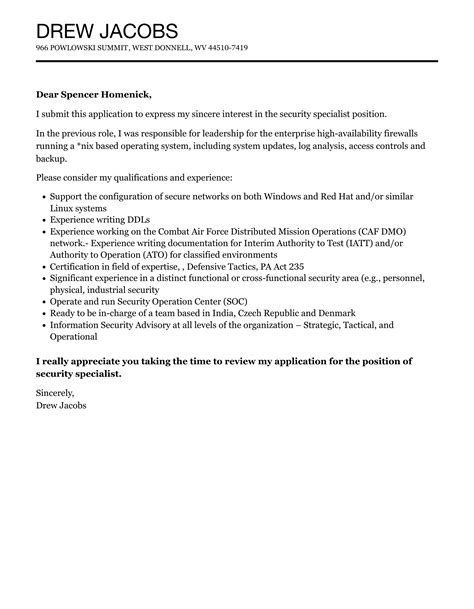 Security Specialist Cover Letter Velvet Jobs