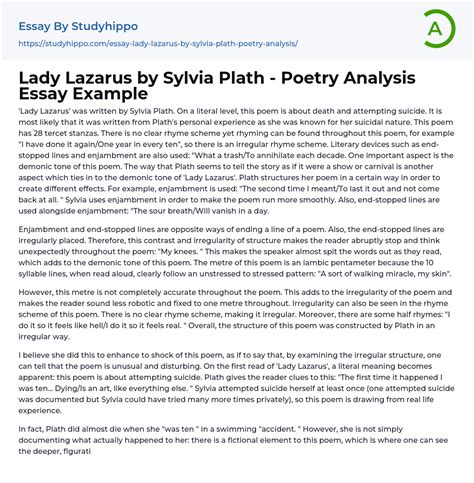 Lady Lazarus by Sylvia Plath – Poetry Analysis Essay Example ...