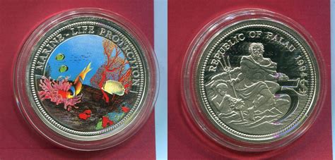 Palau 5 Dollars Silbermünze mit Farbauflage 1994 Schutz der Meeresfauna