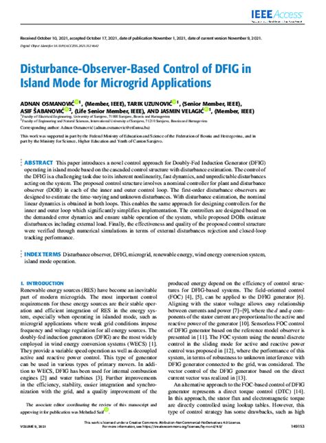 Pdf Disturbance Observer Based Control Of Dfig In Island Mode For