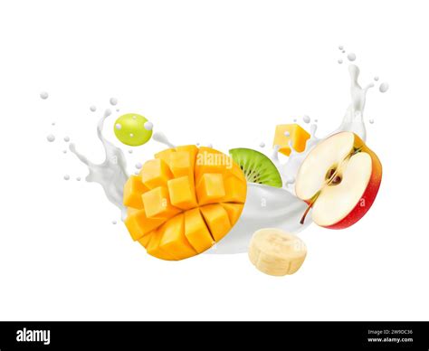 Realistic Yogurt Drink Splash Milk Swirl And Wave With Tropical Fruits