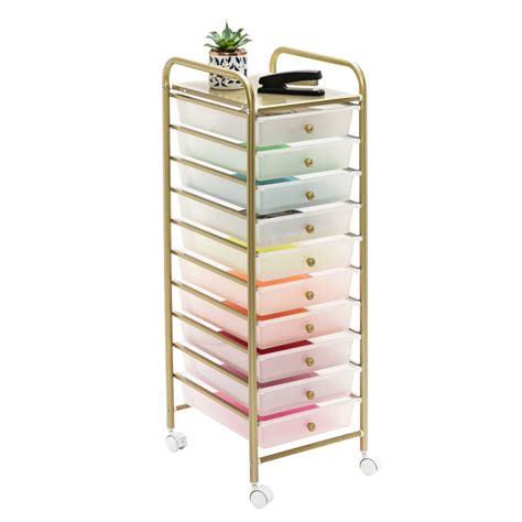 10-Drawer Rolling Storage Cart With Plastic Drawers, Gold