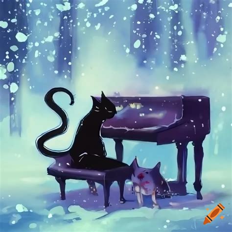 Illustration Of A Black Cat Playing Piano In The Snow On Craiyon